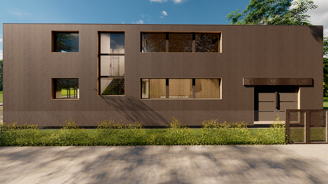 Fachada de casa galpón proyectada por Estudio Fernández Long & asociados en Cañuelas