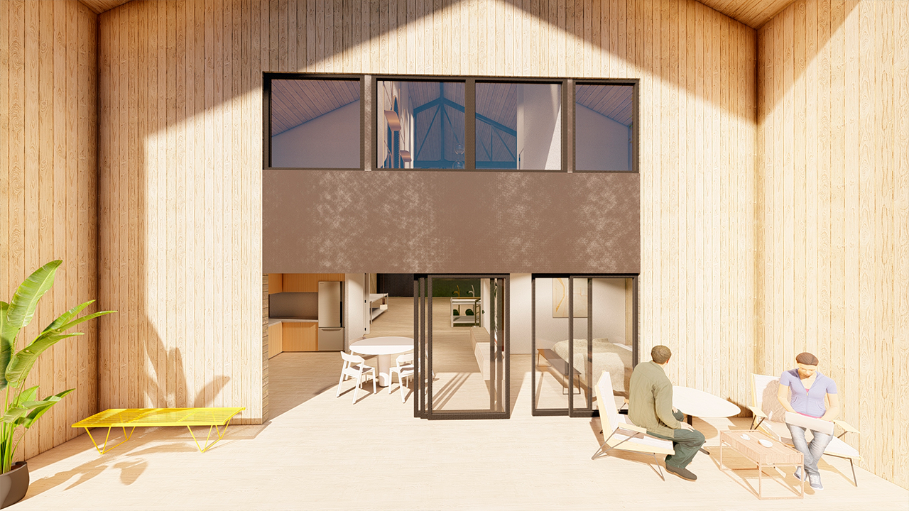 Detalle arquitectónico de casa galpón diseñada por Estudio Fernández Long & asociados en Cañuelas