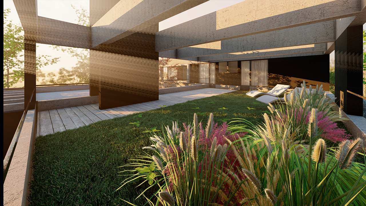 Galería y espacios exteriores de vivienda unifamiliar en Puerto Nizuc